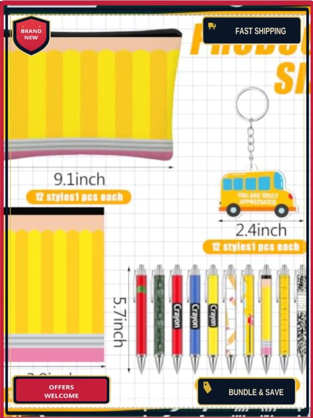 48 Pc Back to School Teacher Gift Set with Canvas Cosmetic Bags, Keychains,